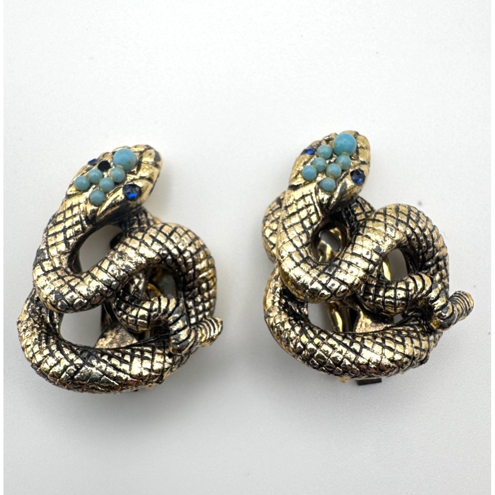 Vintage Snake Earrings Figural Serpent Gold Tone Coiled Clip On Blue Eyes READ